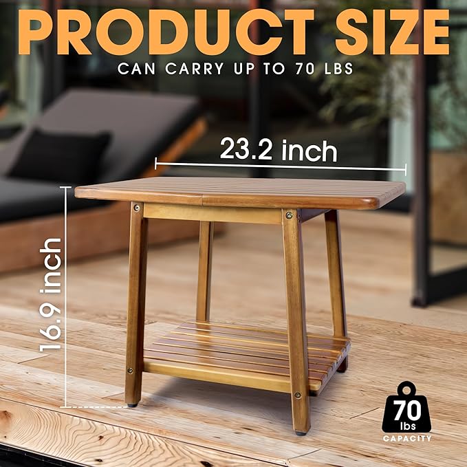 ENKEZI Acacia 24 Inches Outdoor Side Table, 2-Tier Sturdy Patio, End Table Weather Resistant, Strong Stability Side Table for Patio, Pool, Porch, Teak Finish (Modern Brown)