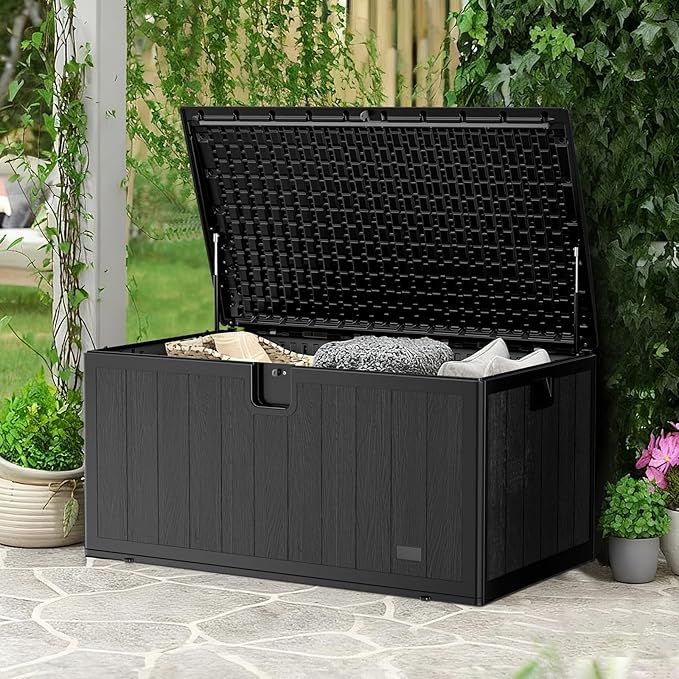 JEKO&JEKO 205 Gallon Outdoor Storage Box Set, 2-Pack (75 Gallon & 130 Gallon) Deck Boxes with Lockable Lid for Patio and Garden, Black