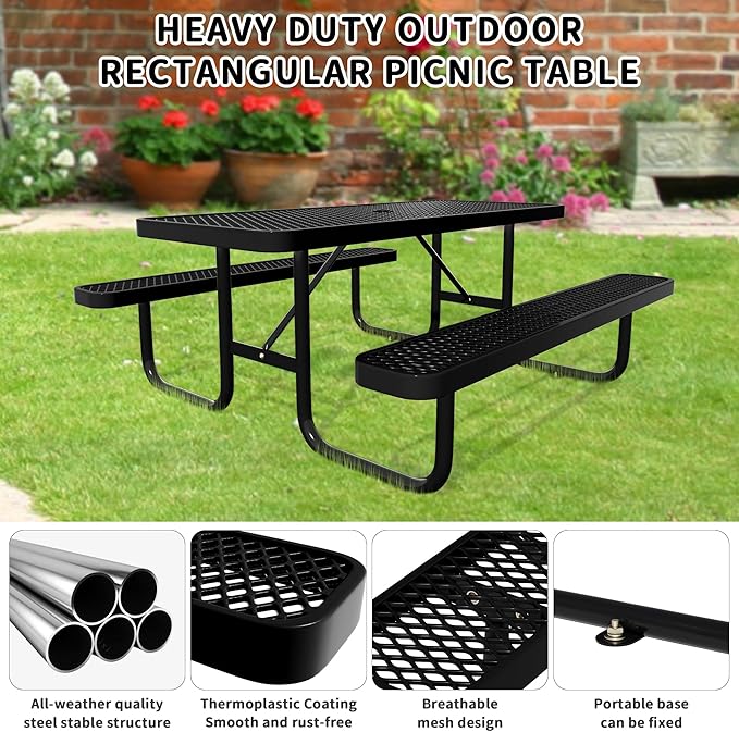 6FT Rectangular Steel Outdoor Picnic Table,Commercial Black Picnic Table Bench Set with Umbrella Hole, Weather-Resistant Heavy Duty School Dining Table for Patio, Garden, Backyard