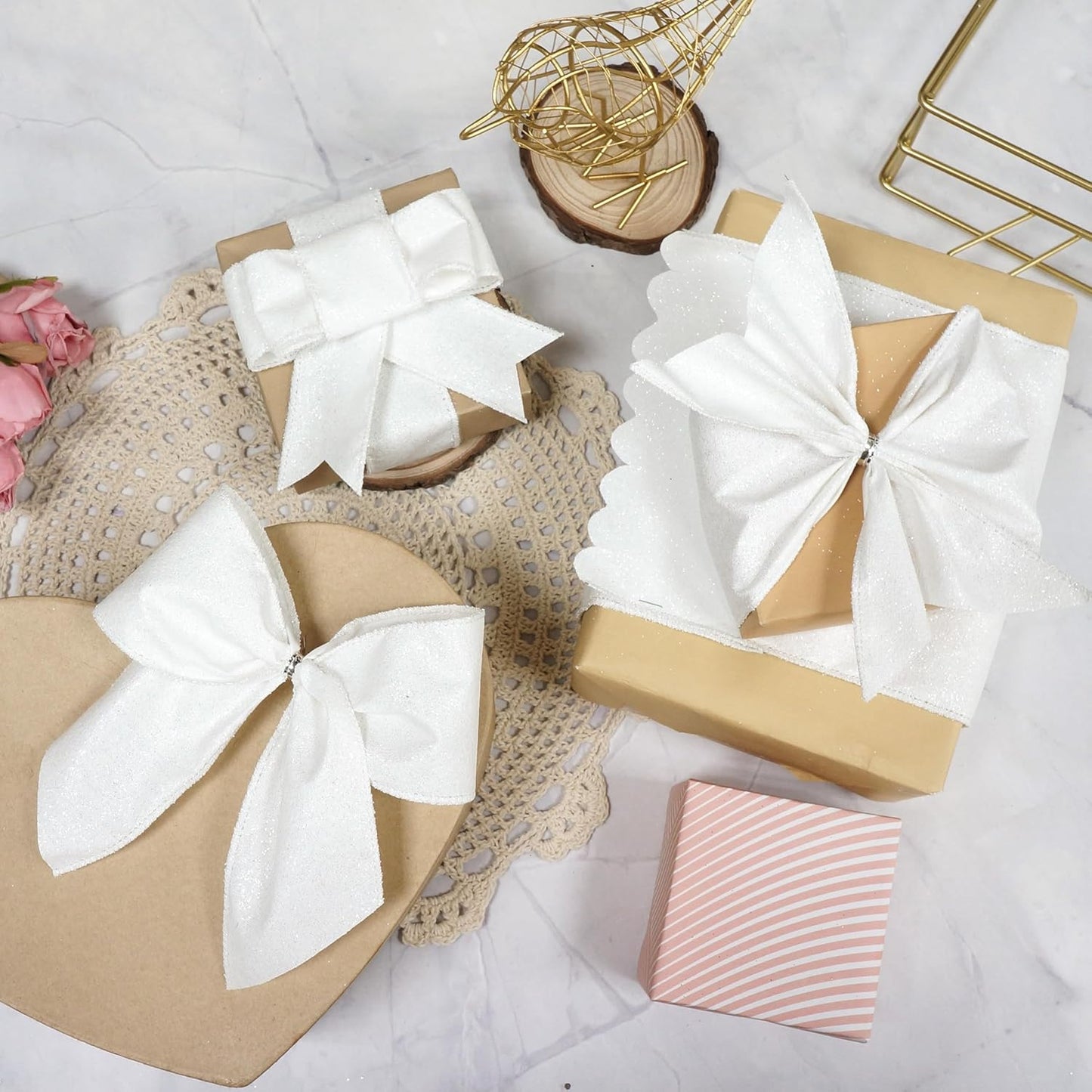 CT CRAFT LLC Glitter Wired Ribbon 6" x 10 Yards White for Christmas Home Decor Bow Gift Wrapping DIY Crafts Wreath