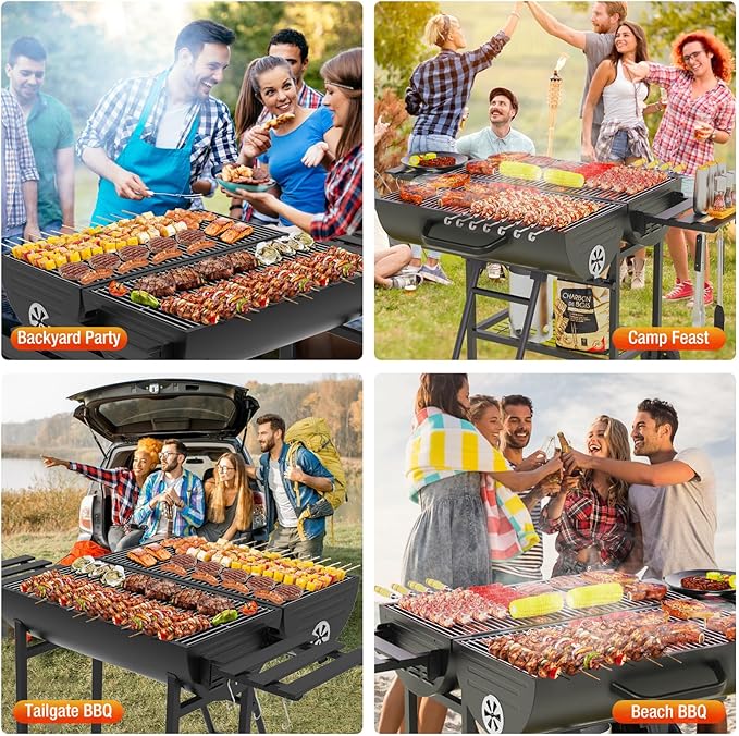 Extra Large Charcoal Barbecue Grill, 871 Sq. In. Cooking Space, Outdoor Barrel BBQ Grill with 2 Foldable Side Tables for Outdoor Backyard Patio Picnic Parties Camping, Black