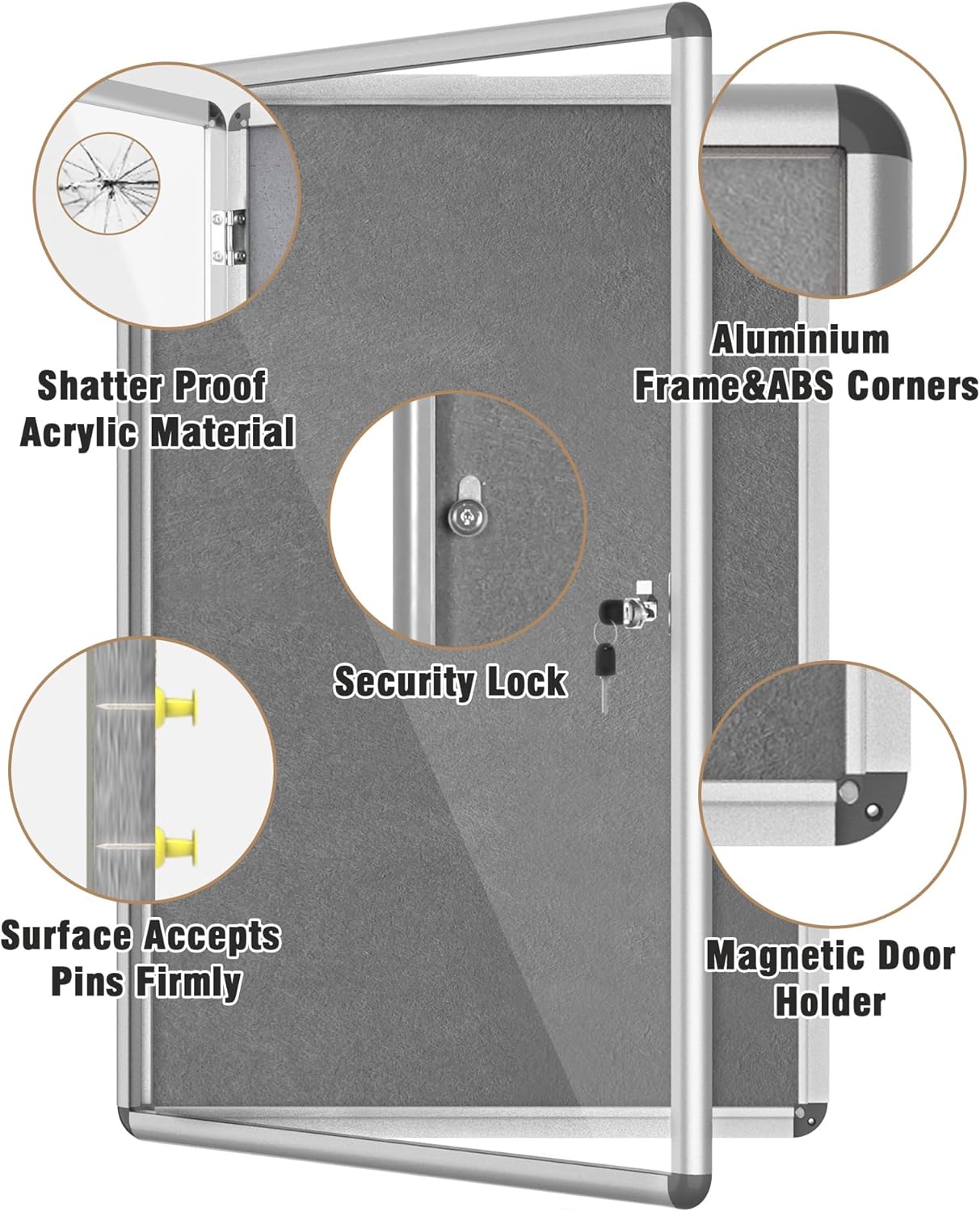 36"x24" Enclosed Bulletin Board, Lockable Weather-Resistant Aluminum Cork Noticeboard for School & Office, Silver Frame w/Grey Flet