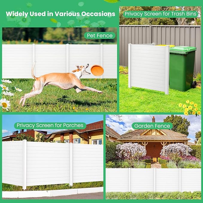 Giantex Outdoor Privacy Screen 4 Panels, 48''W x 48''H Decorative Air Conditioner Fence Trash Can Enclosure with 3 Stakes, Easy Assembly, PVC Vinyl Picket Fences for Garden Patio Lawn, White