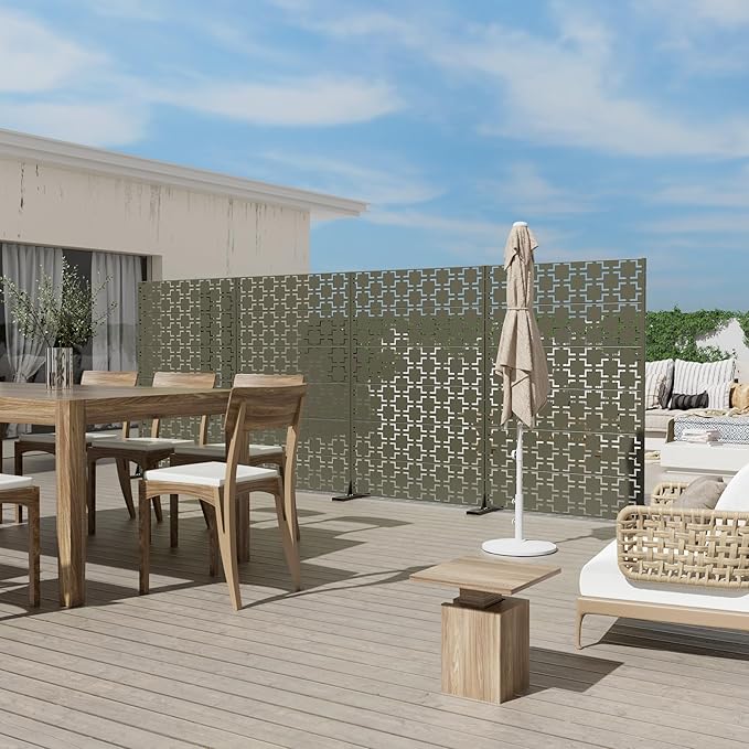 Casaphoria Metal Privacy Screen Outdoor, 72" H x 47" W Freestanding Decorative Privacy Screen for Patio Deck Balcony Garden with Stable Base, Grey-Brick
