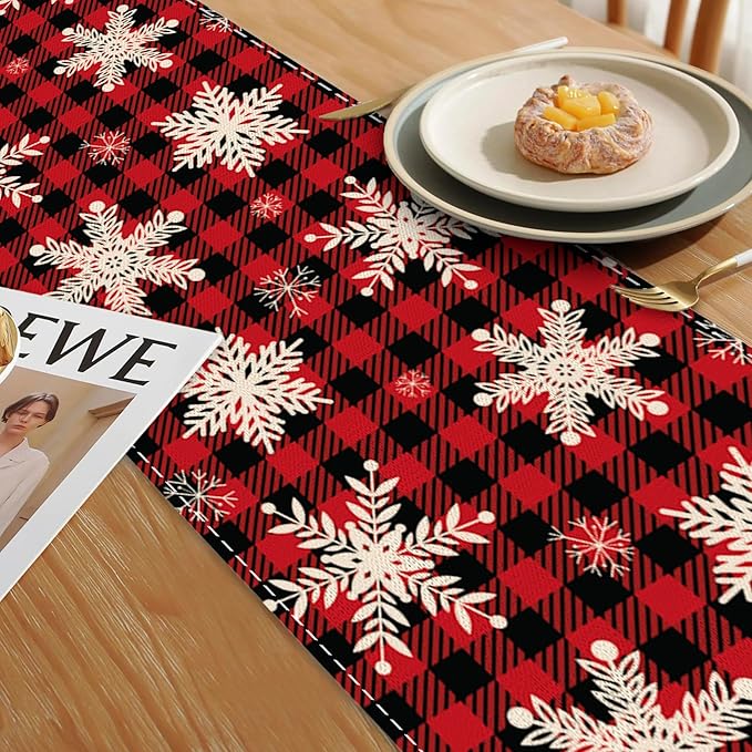 Christmas Red Plaid Snowflake Table Runners 70 inches Long Table Runner Elegant Linen Dresser Scarfs Farmhouse Tablerunner for Wedding/Coffee/Dining Table/Party Home Decor