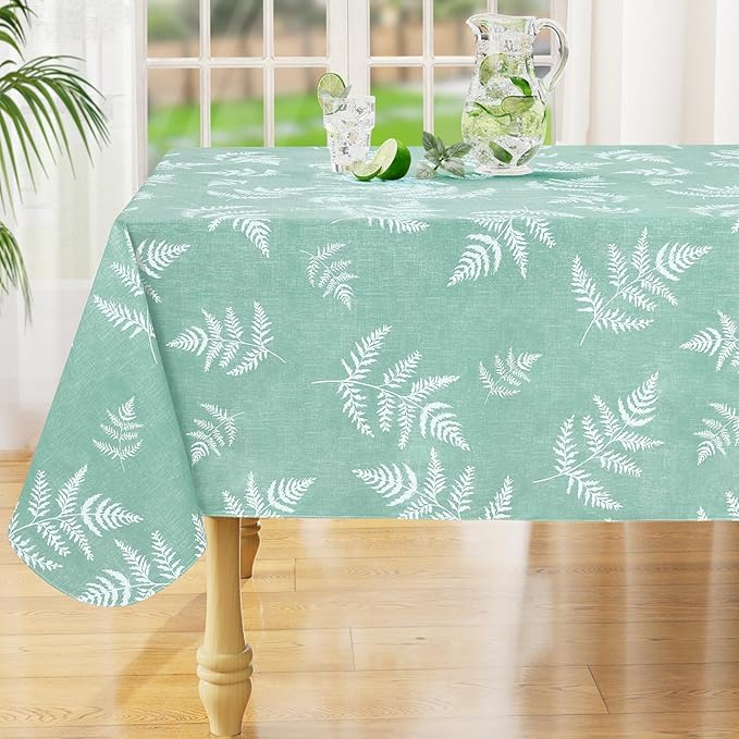 misaya Rectangle Waterproof Vinyl Table Cloth, Wipeable Tablecloth with Flannel Backing, Plastic Table Cover for Dinner, Picnic, Indoor and Outdoor (Light Green Leaves, 52" x 70")