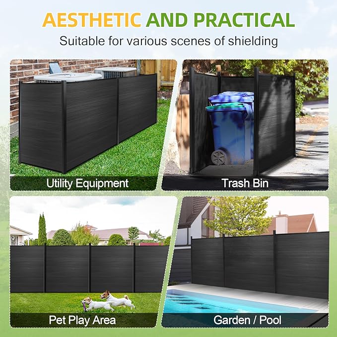 Mondaria Fence Privacy Screen with 8ft In-ground Posts, 6ft(H) x36ft(W) Wood Plastic Composite Fence Panels Weather-Resistant Outdoor Fence for Backyard/Garden (Black, 7 Posts)