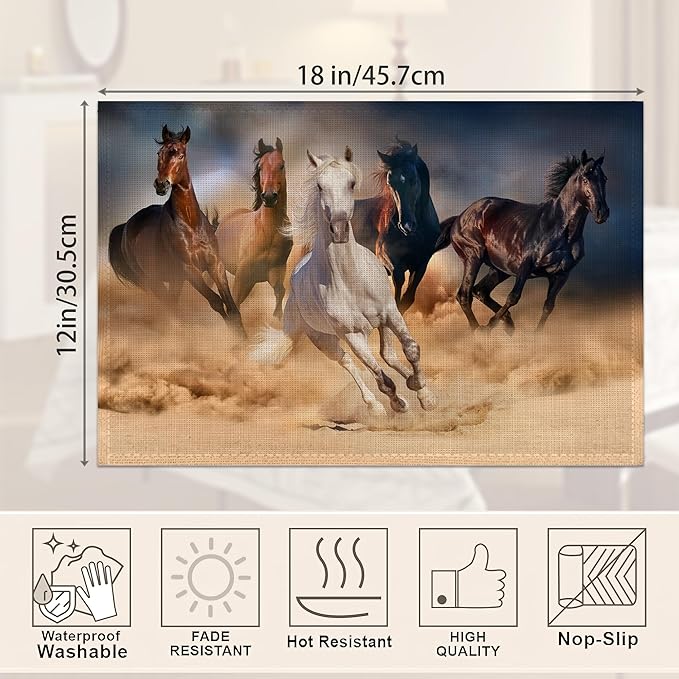 Placemats,Running Herd Horse Placemats 12x18 Inch Waterproof Non-Slip Washable Table Mats for Kitchen Dining Party Table Decor,Set of 6