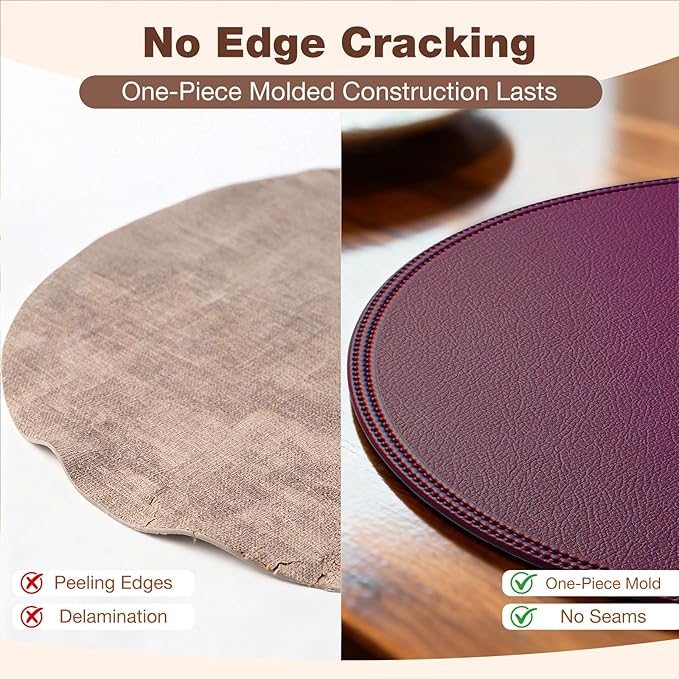 Round Vinyl Burgundy Placemats Set of 6, Faux Leather Waterproof Wipeable Heat Resistant Place Mats, Washable Table Mats for Halloween, Thanksgiving & Christmas Dinner(Burgundy)
