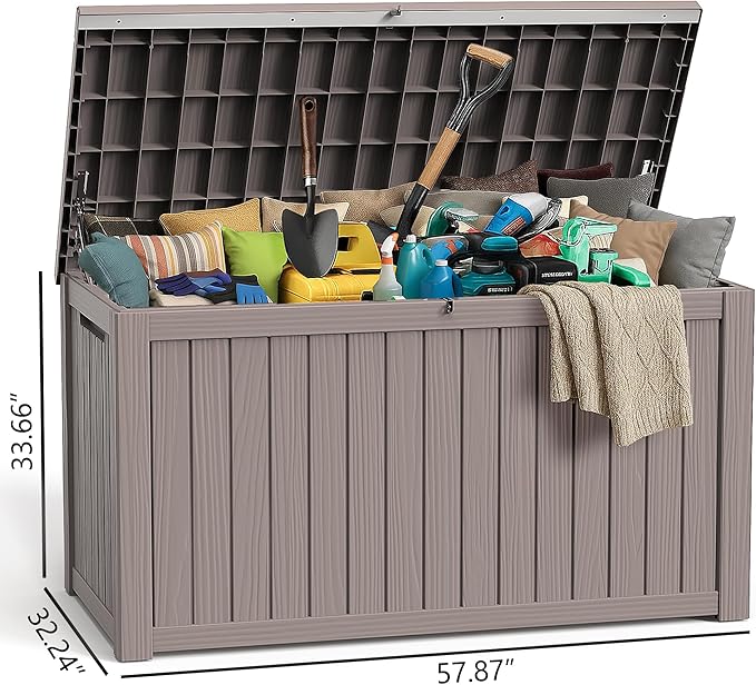 280 Gallon Large Deck Box,Resin Outdoor Storage Box with Lockable for Patio Furniture, Pool Accessories, Garden Tools Waterproof Outside Storage Box, Grey