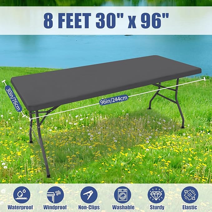 Spandex 8 Foot Rectangle Table Cloth 6 Pack, Elastic Fitted Tablecloths for Picnic, Stretch Washable Patio Table Cover for Outdoor, Camping, Banquet and Parties (Dark Grey, 30"x96")