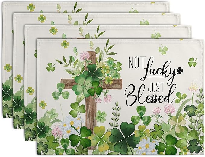 St Patricks Placemats Set of 4 St. Patrick's Day Cross Shamrocks Clover Linen Table Mats 12x18 Inch Spring Heat Resistant Washable Place Mat for Kitchen Dining Home Party Decor