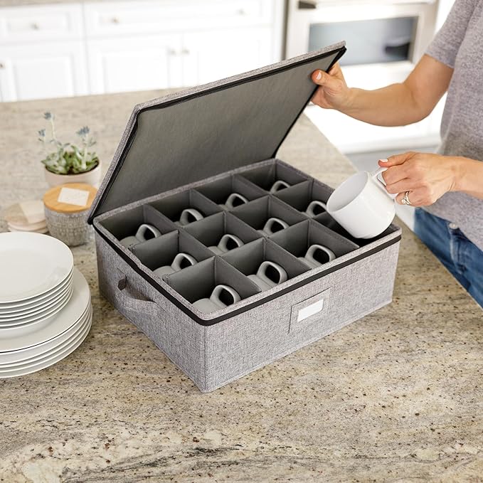 Cup Storage Container - 16" x 13" x 6"H - Holds 12 Coffee Cups - Tea Cups - Mugs - Hard Shell and Stackable - Includes Insert Card for Labeling and Padded Dividers