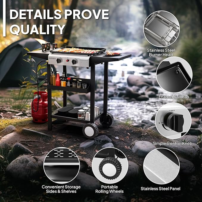 ROVSUN 2 Burner Portable Propane Griddle with Electronic Ignition, 20000 BTU Rolling Flat Top Gas Grill with Nonstick Enameled Tray, Side Shelves & Regulator for Outdoor Cooking Camping BBQ Tailgating
