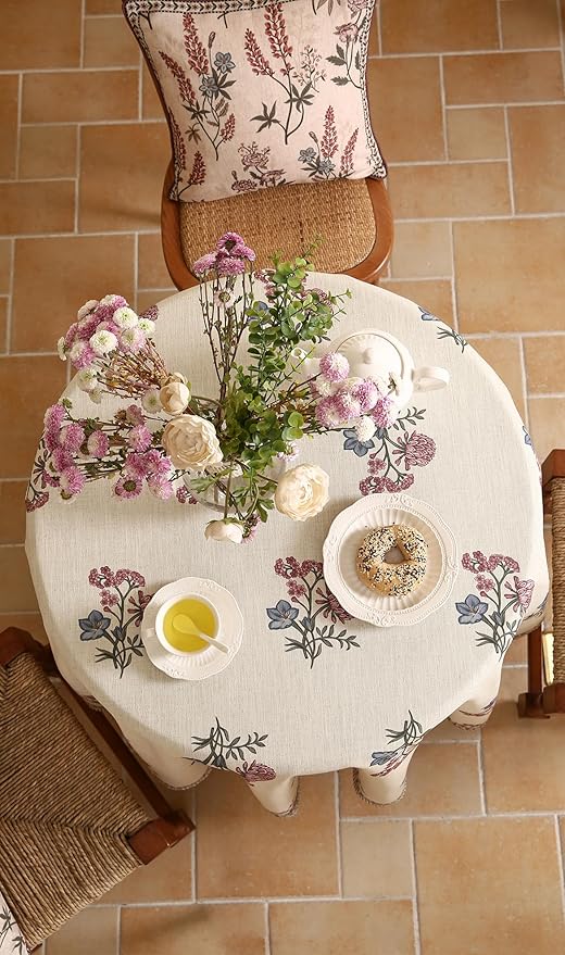 ISAENNE Designer Linen Light Beige Round Tablecloth,French Colorful Floral Table Cloth,Fall Stain Resistant Decor Tablecloths for Dining Thanksgiving Christmas Kitchen,Diameter 67"-Helena E