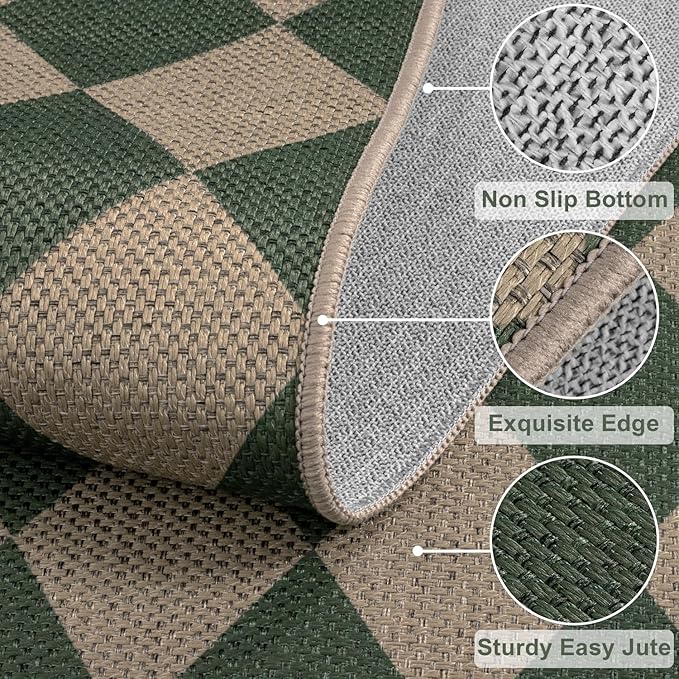 Easy Jute Checkered Entryway Rug, 2x3 Green Modern Indoor Outdoor Doormat, Washable Non-Slip Neutral Small Kitchen Rug Farmhouse Diamond Throw Rugs for Entrance Bedroom Bathroom