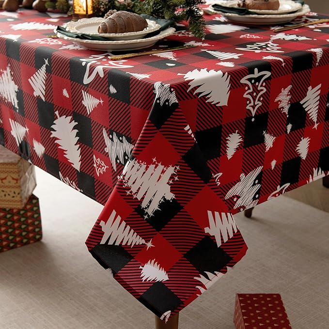 Red Gingham Plaid Christmas Tree Tablecloth - Rectangular 58x102 Inch Water Resistant Table Cloth for Indoor/Outdoor Use - Holiday Table Cover for Kitchen, Picnics, and Parties