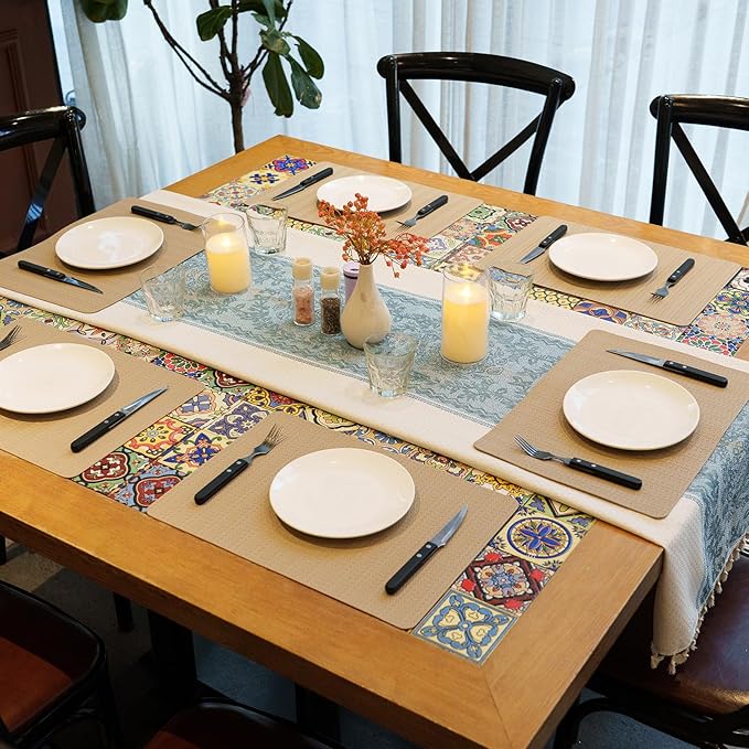 Faux Leather Placemats Set of 6 – 17x12 Inch Vinyl Table Mats, Heat Resistant, Non Slip, Wipeable & Washable, Easy to Clean Dining Table Decor for Kitchen & Dining Room（Light Taupe）