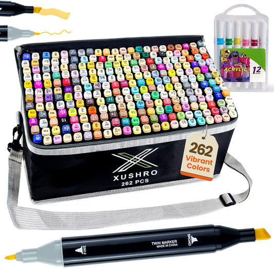 262-Piece Dual Tip Alcohol Markers Set with 12 Free Acrylic Paint Markers - No Bleed, Vibrant Colors for Drawing - Fine & Chisel Tips with Organizing Case - Blending Markers for Adults & Kids
