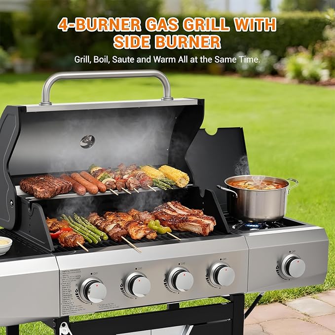 Upgraded 51,000 BTU Stainless Steel Burner Barbecue Grill, 4 Burner BBQ Propane Gas Grill with Side Burner, 452 sq.in Cooking Area with Porcelain for Patio, Camping, Outdoor Cooking