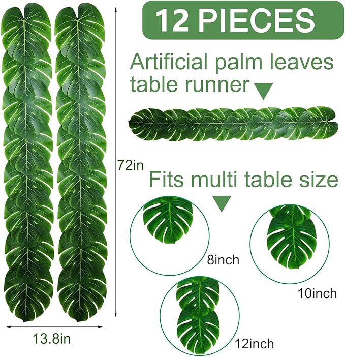 12 Pcs Palm Leaves Table Runners 72 Inch, Artificial Tropical Palm Leaves Table Runner Faux Leaf Table Cloth for Wedding Hawaiian Luau Theme Party Supply Summer Table Wall Decorations