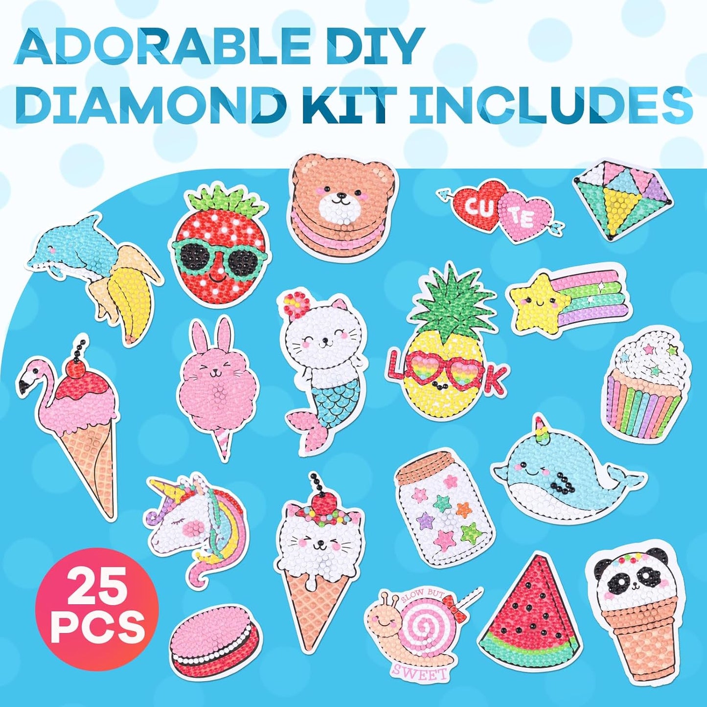 Cymbana 5D Painting Diamond Stickers Kits 25 Pcs Diamonds Dots Arts and Crafts for Kids Ages 6-8 8-12 Contains Unicorn, Mermaid, Cat