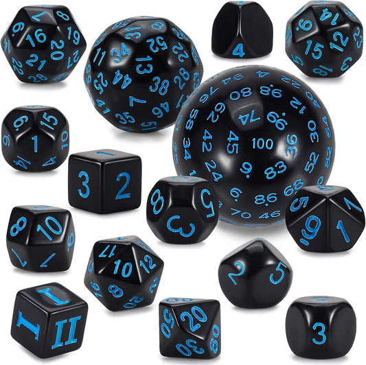 CiaraQ DND Polyhedral Dice Set (15pcs) D4-D100 Game Dice with Dice Bag for Dungeons and Dragons Role Playing Table Games (Black & Blue)