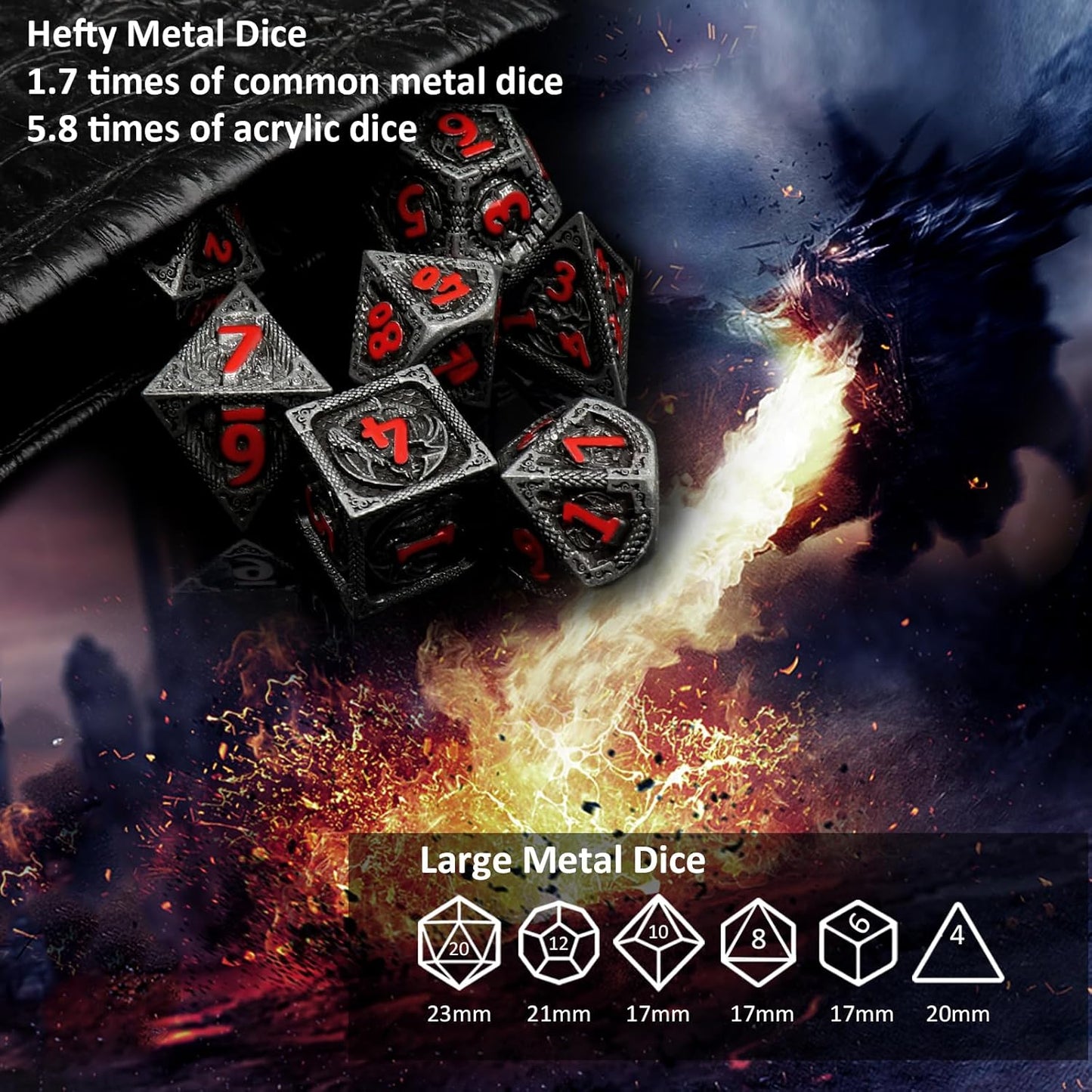 Haxtec Metal DND Dice Set Black Red Dragon D&D Dice Set with Leather Dice Bag Metal Polyhedral Dice Compatible with Dungeons and Dragons Gifts TTRPG Dice