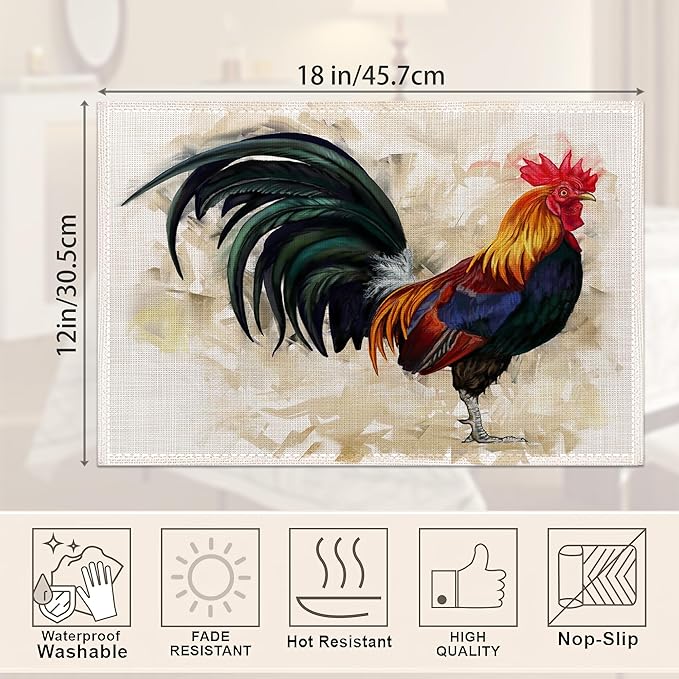 Hand-Painted Rooster Art Placemats Set of 6,Waterproof Non-Slip Washable Table Mats Set for Kitchen Dining Holiday Party Wedding Decor 12x18 Inch