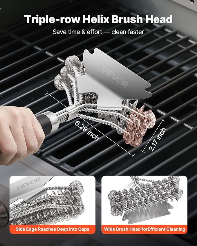 VEVOR Grill Brush and Scraper, BBQ Brush for Outdoor Grills, Stainless Steel Woven Wire, Bristle Free Barbecue Brushes for Porcelain, Charcoal, Grate Cleaner Grill Accessories, 17 in