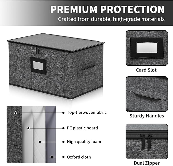 Aokeyee Wine Glass Storage Box Containers with Dividers - 2 Pack Stemware Storage Cases for 24 Crystal Glasses, Drinkware, Hard Shell for Moving & Protection(17'' x 12.8'' x 10.25'', Grey)