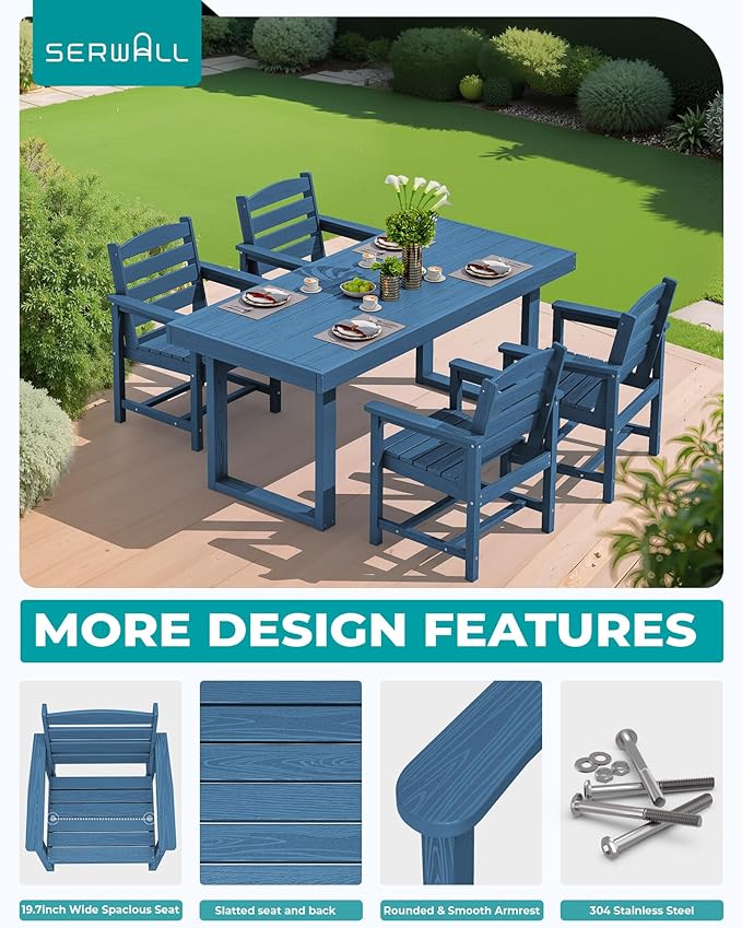 SERWALL HDPE Outdoor Dining Set for 4, 67'' All Weather Patio Dining Table and Chairs Set for Deck, Lawn, Blue
