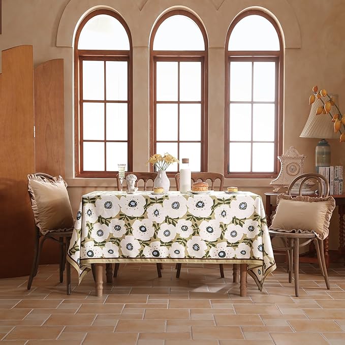 Designer Vintage Rectangular Tablecloth,Linen French Extra Long Tablecloth with White Floral Pattern,Decor Table Cover for Kitchen,Dining,Thanksgiving,Party,67" × 118"-Hidaka