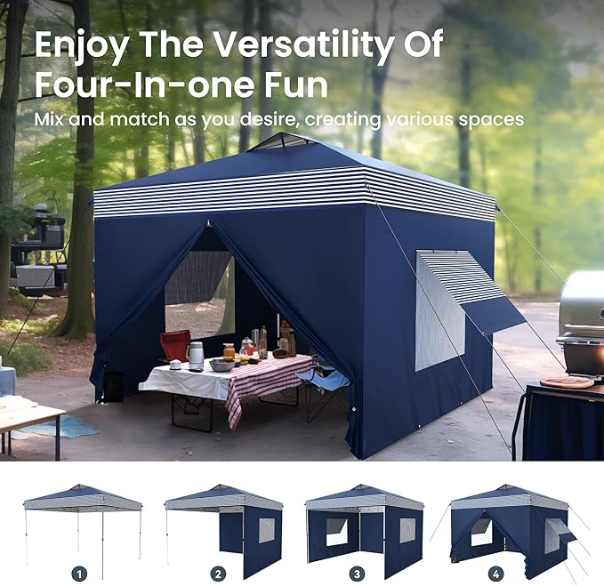 PHI VILLA 10x10 Pop Up Canopy Tent with Sidewalls - Easy Up Tent with Mesh Windows for Ventilation, Waterproof Design - Ideal for Parties, Beach, and Outdoor Events (Navy Stripe)
