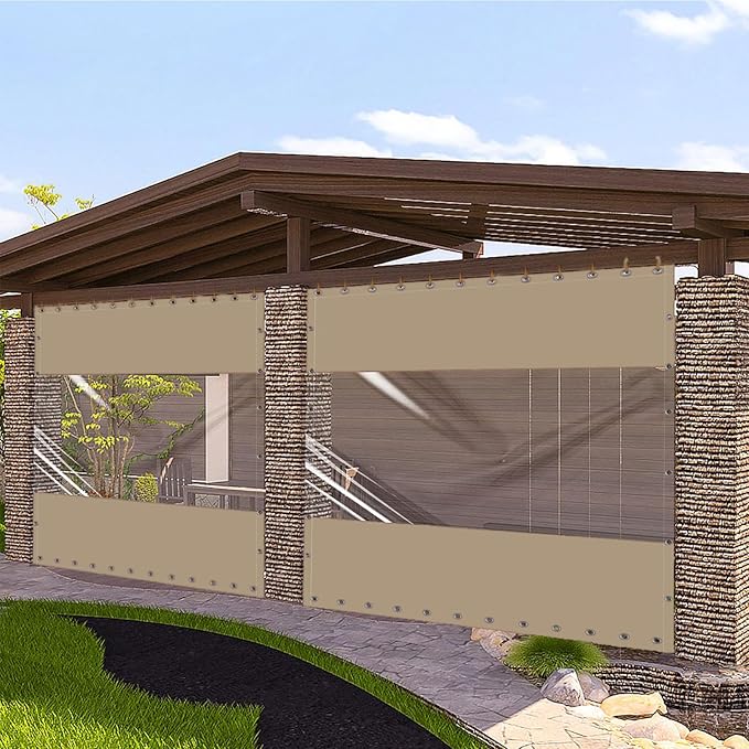 20 Oz Outdoor Vinyl Curtain, Outdoor Clear Panel Curtain, Weather Resistant Outdoor Curtain for Pergola, Porch, Gazebos, with Rustproof Grommets (8'H x 7'W, Beige)