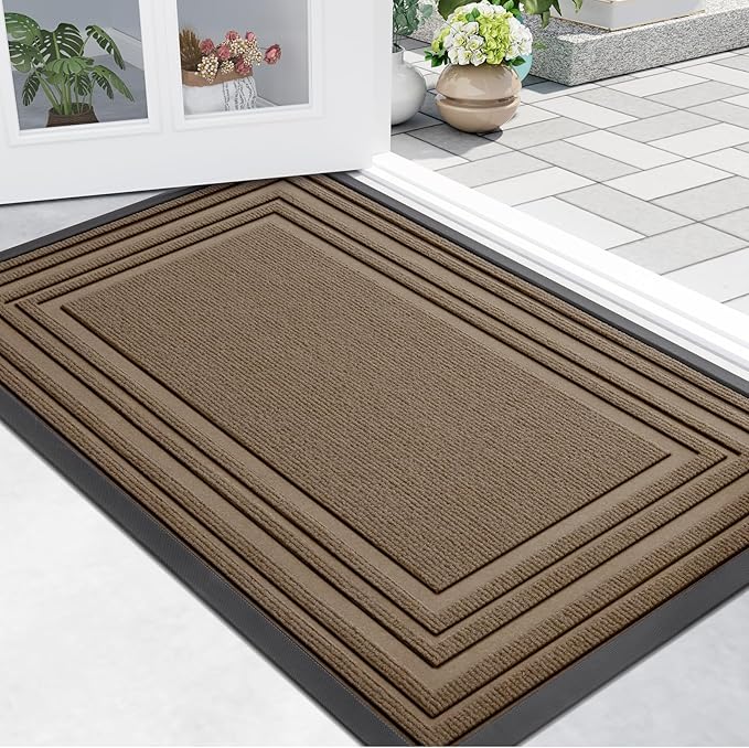 Buganda Front Door Mat Indoor Outdoor Entrance, Non-Slip Natural Rubber Doormats, Easy Clean, Low Profile, Dirt Trapper Entryway Floor Mats for Outside, Garages and Patios, 36x24, Light Brown