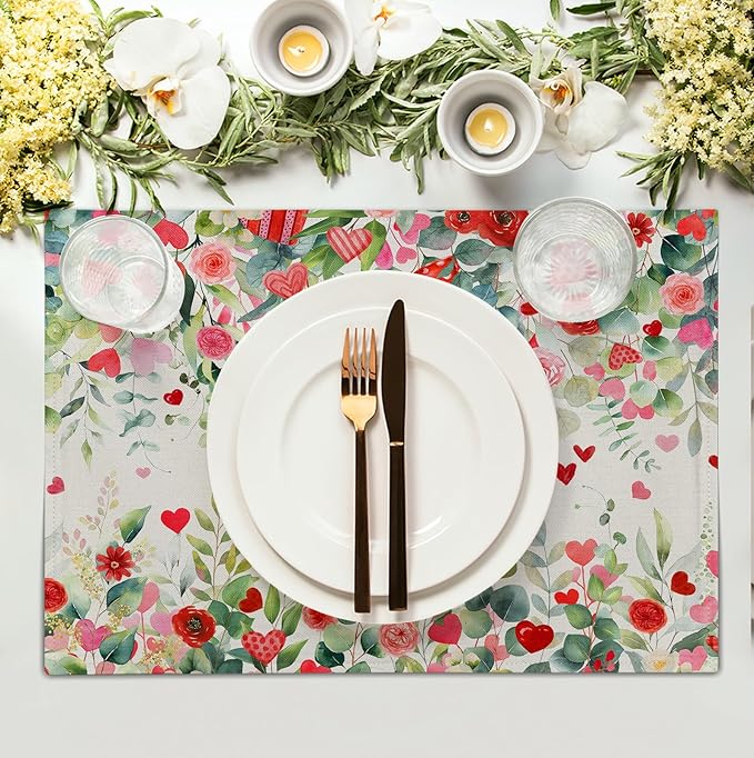 Valentines Eucalyptus Leave Placemats Set of 4, 12x18 Inch Valentine Heart Rose Floral Table Mats Spring Summer Washable Heat Resistance Place Mats for Kitchen Dining Indoor Decor