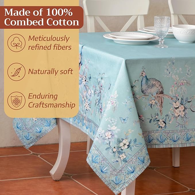 Maison d' Hermine Premium Table Cloth Rectangle Table 100% Combed Cotton 90 x 70 Inches Tablecloth Reusable Decorative for Dining Room Home Party Festive Wedding - Peacock Utopia - Pastel Turquoise