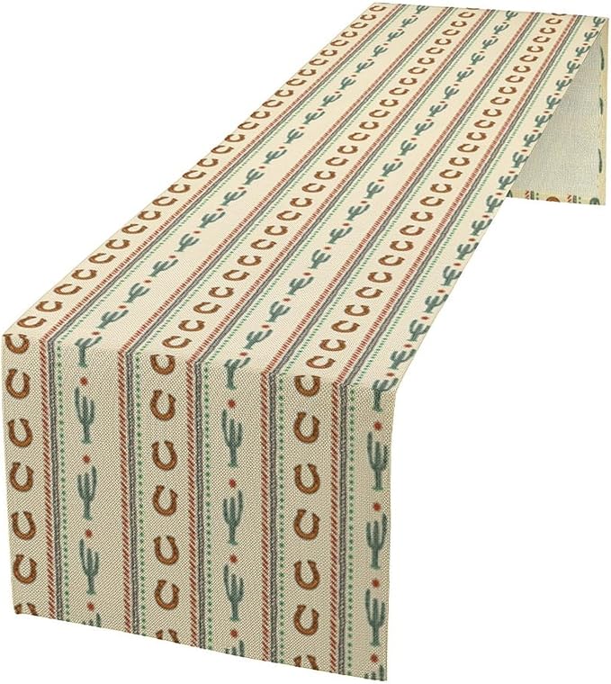 Western Table Runner,Vintage Farmhouse Country Cowboy Horseshoe Cactus Print Table Runner for Kitchen Dining Table Holiday Home Party Decor 13x108in
