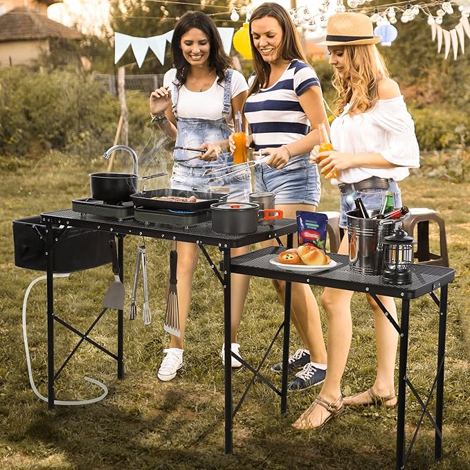 RedSwing Folding Grill Table with Sink and Double Shelf, Multifunctional Portable Stand Table for Outdoor Camping, Picnics, and Barbecues, 69"x20"x31.5", Black