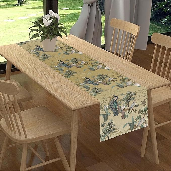Asian Table Runner,Ruatic Traditionla Chinese Style Penoy Floral Branch Table Center Decor for Home Kitchen Dining Patio Party Indoor Table Decorations, 13"x36"