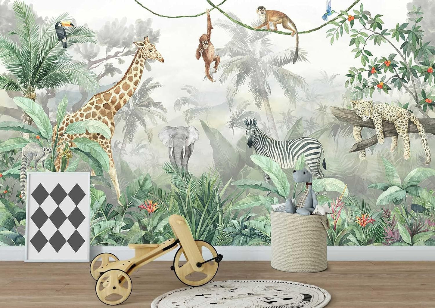 Kids Wallpaper Tropical Leves and Safari Animals Wall Mural for Wall Bedroom Living Room TV Background Sofa Wall（Not Peel and Stick）