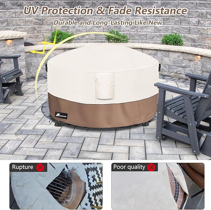 Fire Pit Cover Round 50 Inch Waterproof,Outdoor Heavy Duty Durable 600D Tear-Resistant Fire Pit Table Cover,Patio Round Firepit Cover 50" D x 24" H, Beige