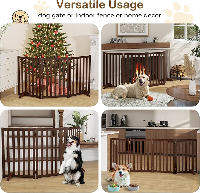 30" Height Tall Freestanding Pet Gate, Solid Wood Folding Safety Fence Wooden Dog Gate with 2 PCs Support Feet Ideal for Stairs, Doorways, Halls, Kitchens, Heavy Duty Gates, 4 Panels, Walnut
