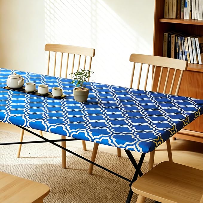 Rectangle Picnic Table Cloth, Elastic Waterproof Fitted Vinyl Tablecloths for 4 Foot Tables, Wipeable Flannel Backed Table Covers for Dining, Camping, Outdoor(Blue,30"x48")