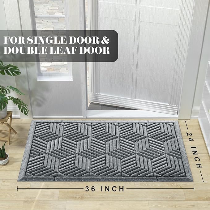 Yimobra Large Door Mat 36x24, All-Season Waterproof Outdoor Mats for Front Door Entrance with Drainage Holes, Heavy Duty Non-Slip Doormat for Garage Patio Entryway Indoor, Black Gray