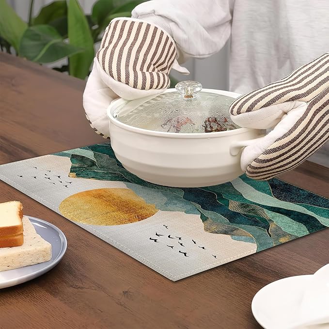 Sunrise Placemats Set of 6,Golden Mountains Placemats Washable Kitchen Dining Linen Table Mats Stain Heat-Resistant for Home Party Indoor 12x18 inch