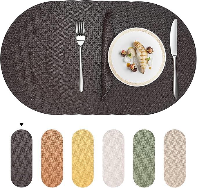 Round Faux Leather Placemats Set of 4 – 13 Inch Vinyl Table Mats, Heat Resistant, Non Slip, Wipeable & Washable, Easy to Clean Dining Table Decor for Kitchen & Dining（Dark Brownish Black）