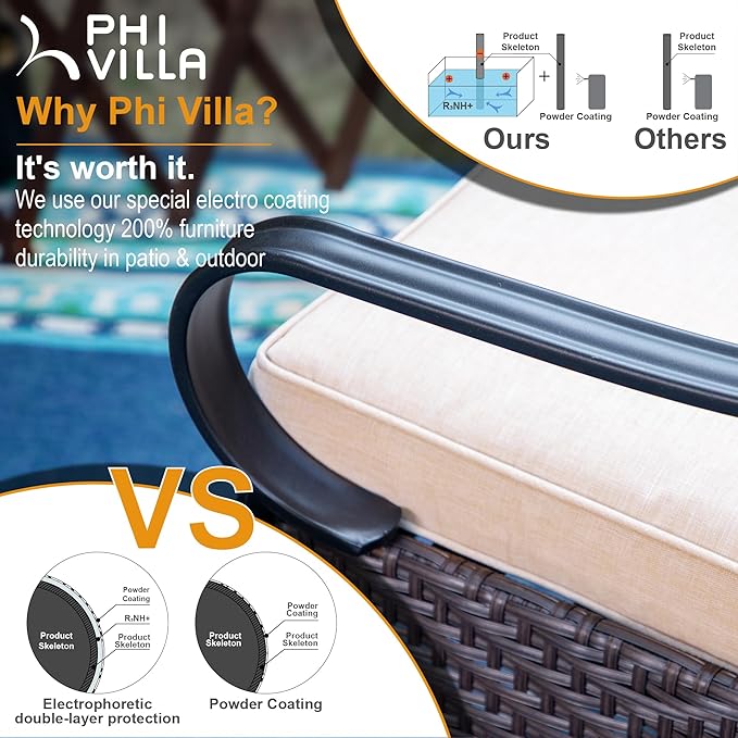 PHI VILLA Outdoor Dining Chairs Set of 4, Heavy Duty Outdoor Metal Wicker Dining Chair with Thickened Cushions, Large All Weather Wrought Iron Patio Chair for Balcony