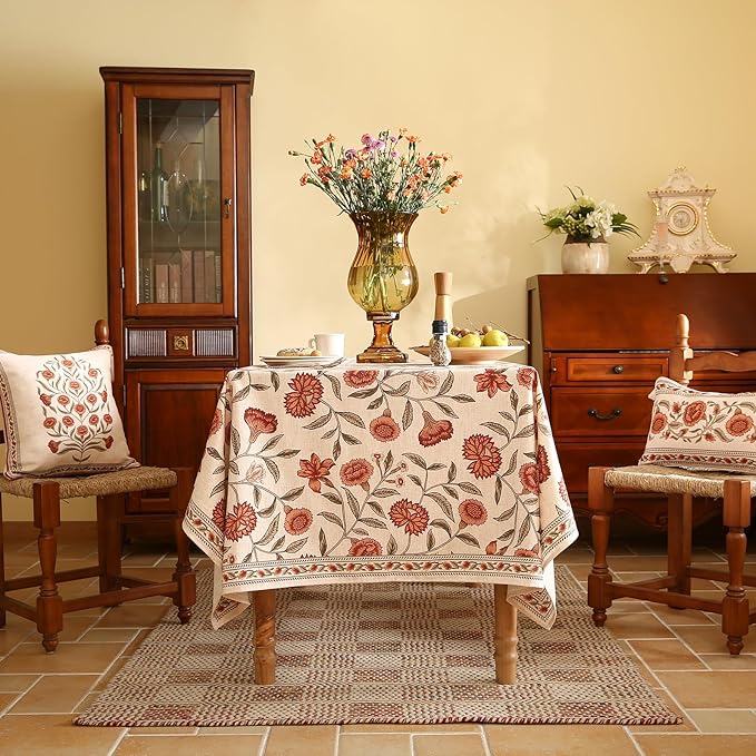 ISAENNE Designer French Rectangular Tablecloth,Linen Orange Floral Pattern Indoor Table Cloth,Wrinkle Resistant Decor Table Cloth for Dining Thanksgiving Kitchen Party,55"*87"-Alvarado D